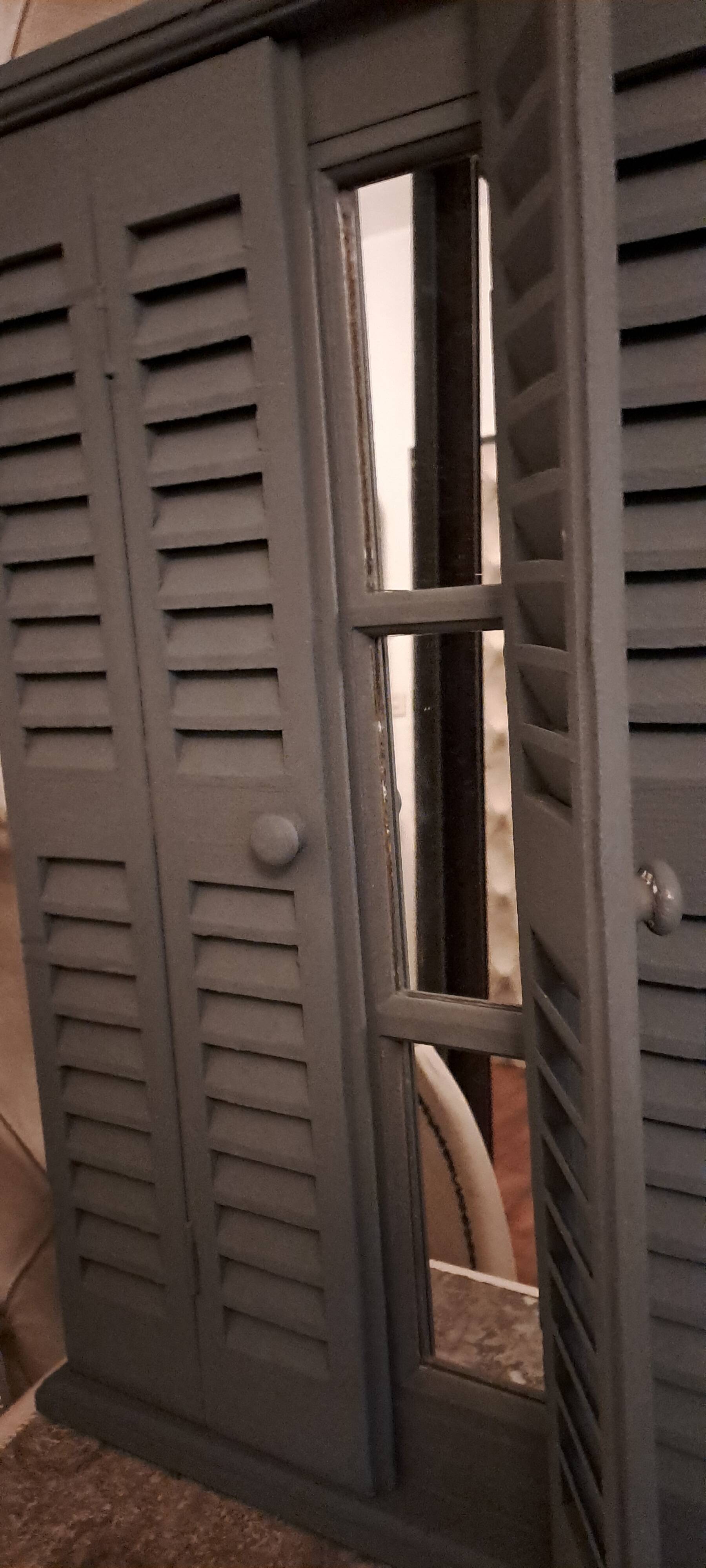 Dark grey wooden trompe l'oeil shutter mirror 1990 / wall decoration object Shutter-style mirror