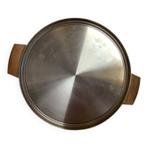 Large flat metal and wood platter in Scandinavian style.