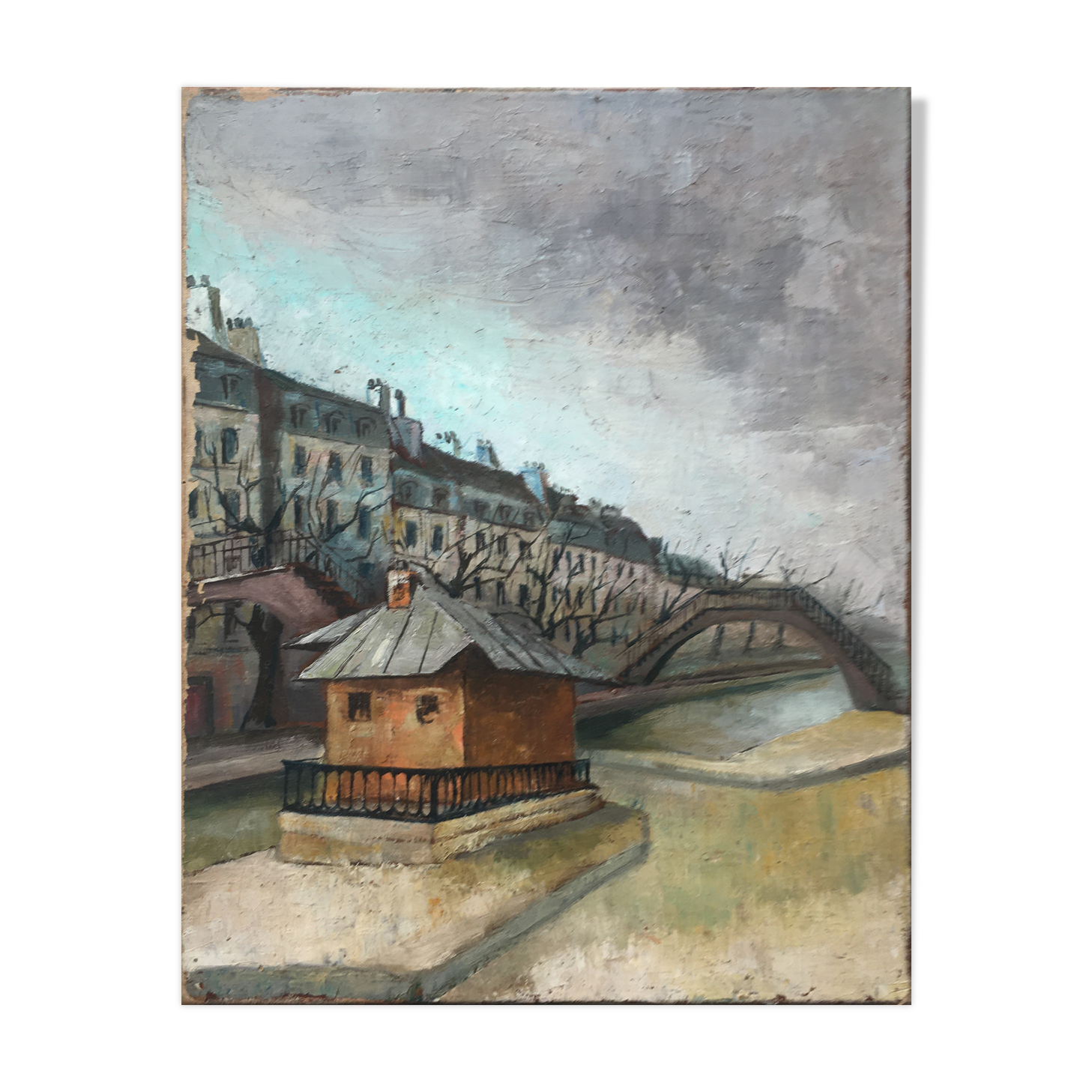 HST painting "Lock of the Canal St Martin" Paris around 1950 - Ecole de Paris