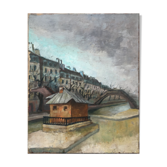 HST painting "Lock of the Canal St Martin" Paris around 1950 - Ecole de Paris