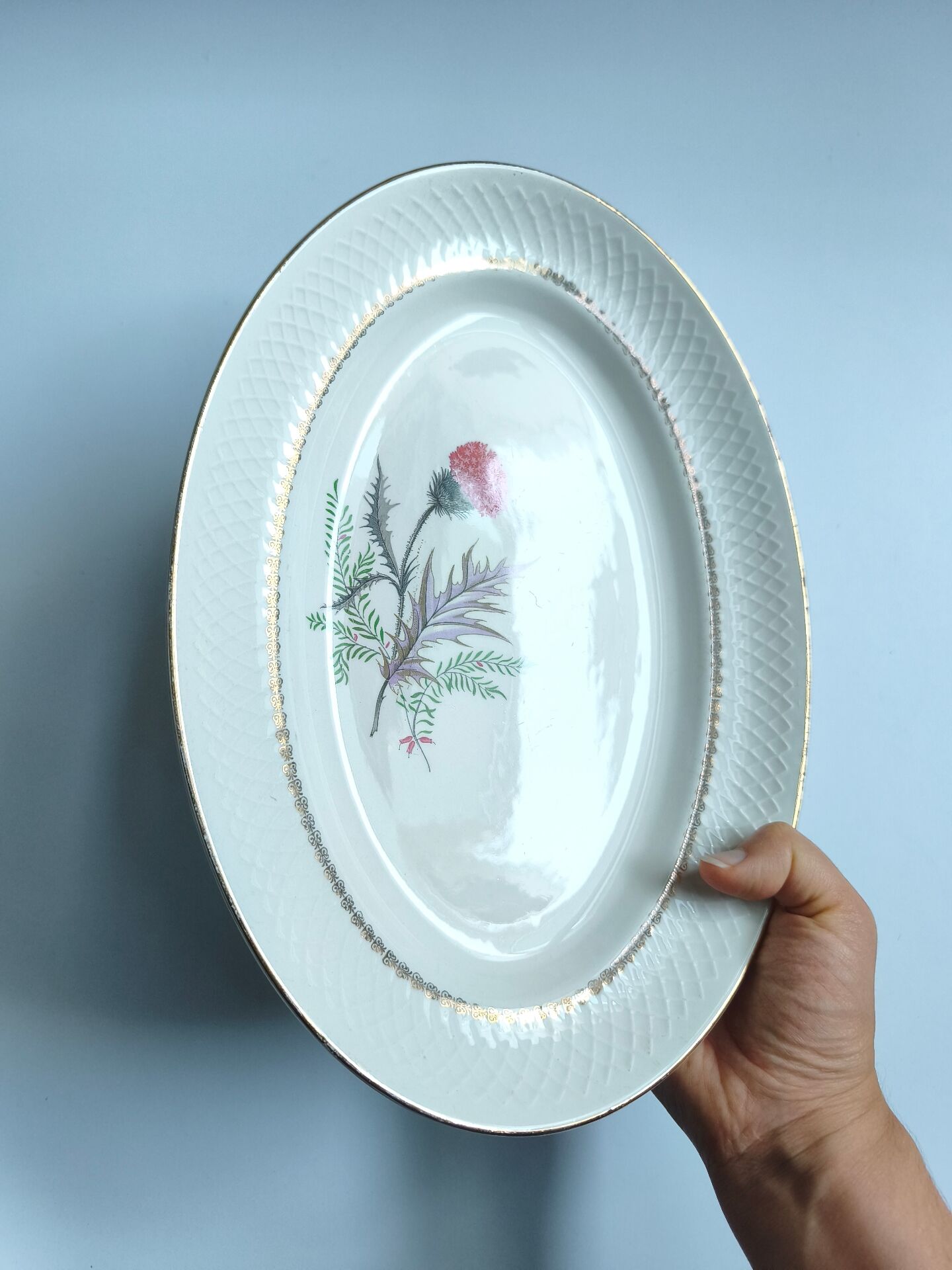 Vintage oval plate signed Moulin des Loups model Imperia pink flower