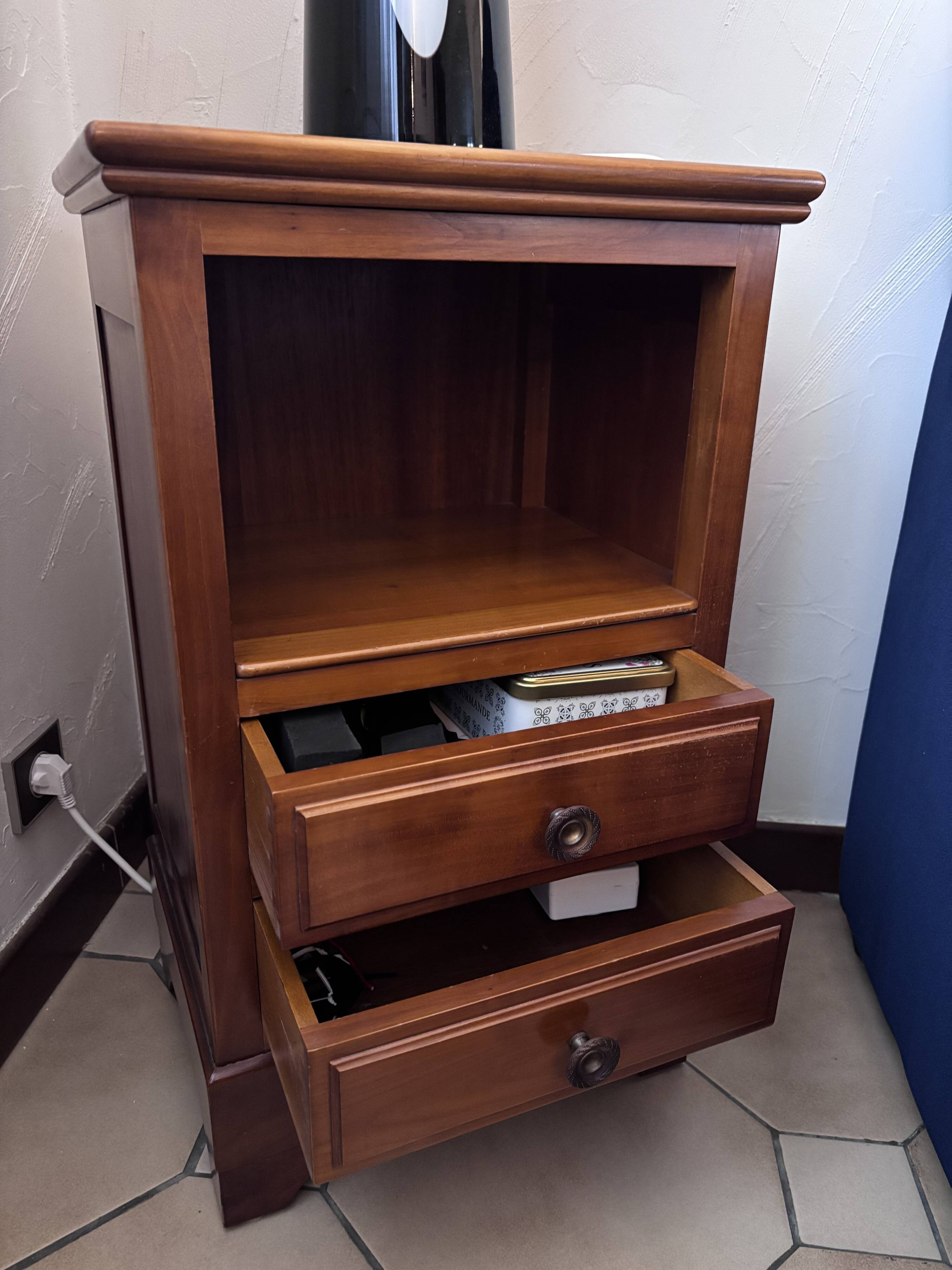 Solid cherry bedside table in Louis Philippe style.