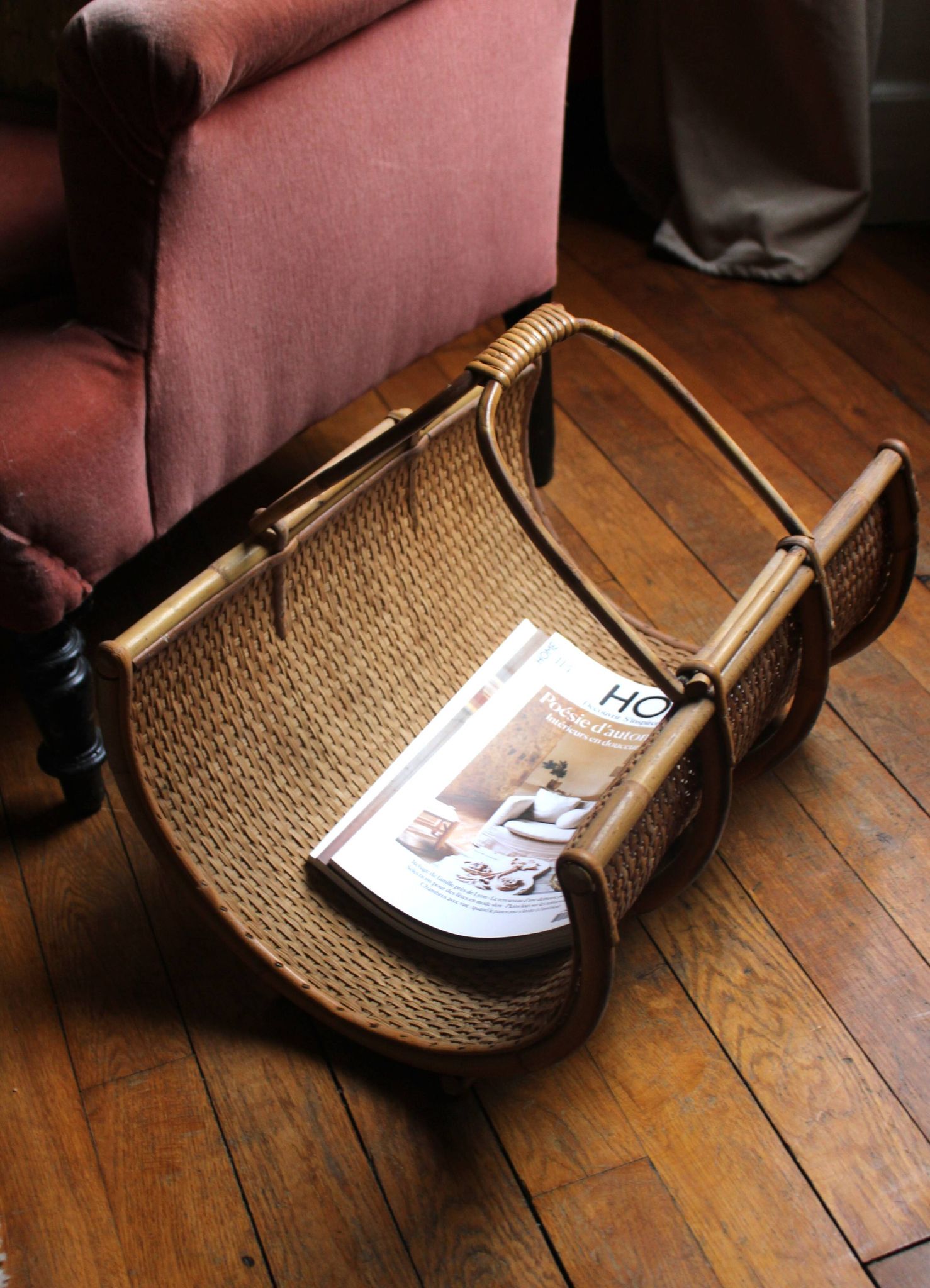 Vintage wicker log basket magazine holder