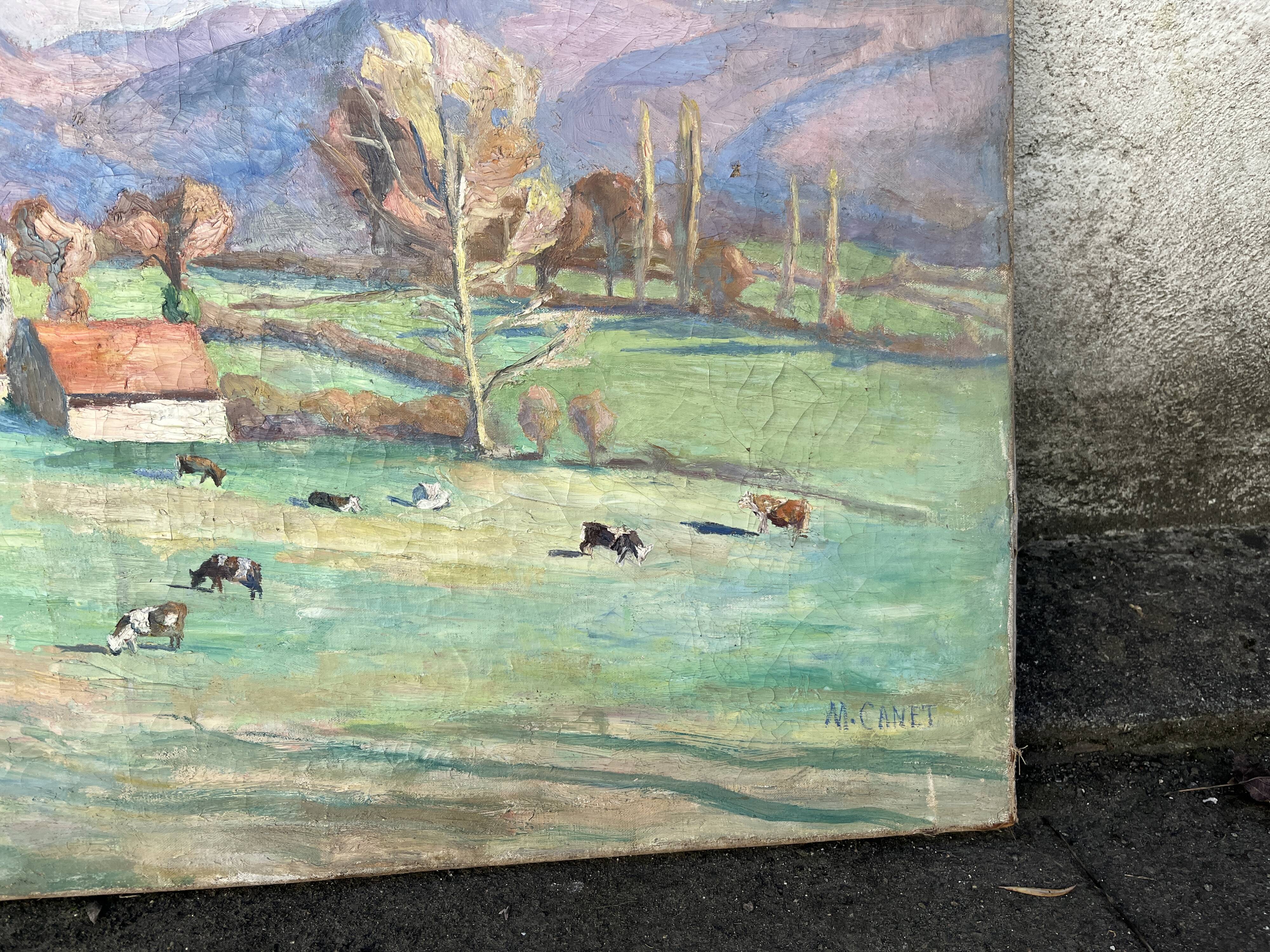 Large painting by Mr. Canet - Countryside landscape with cows