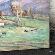 Grand tableau de M. Canet - Paysage de campagne aux vaches