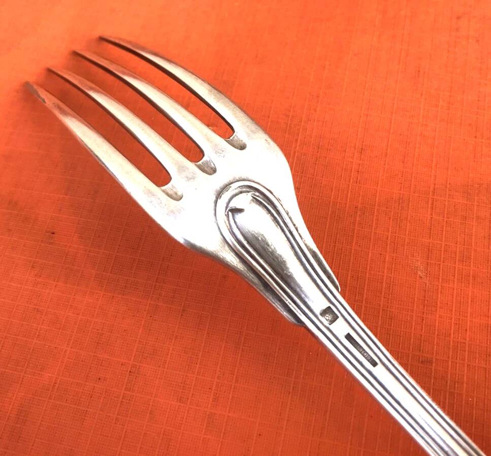 Antique dessert fork by silversmith Christofle, Chinon model collection.