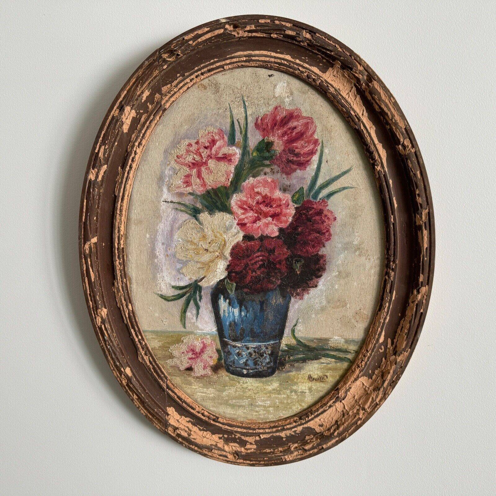 Oil on panel by A. Cruillet still life bouquet of flowers 1920