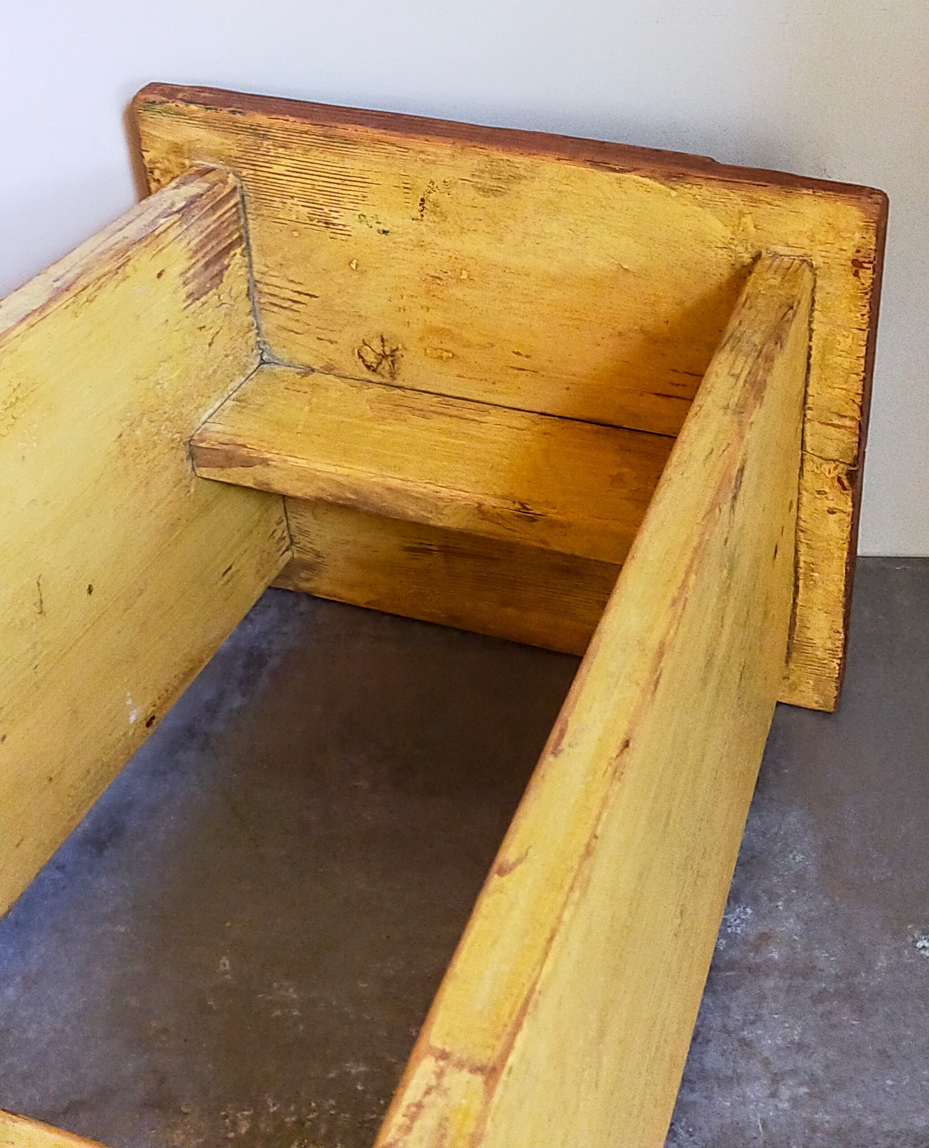 Art-populaire workshop stool in patinated painted wood