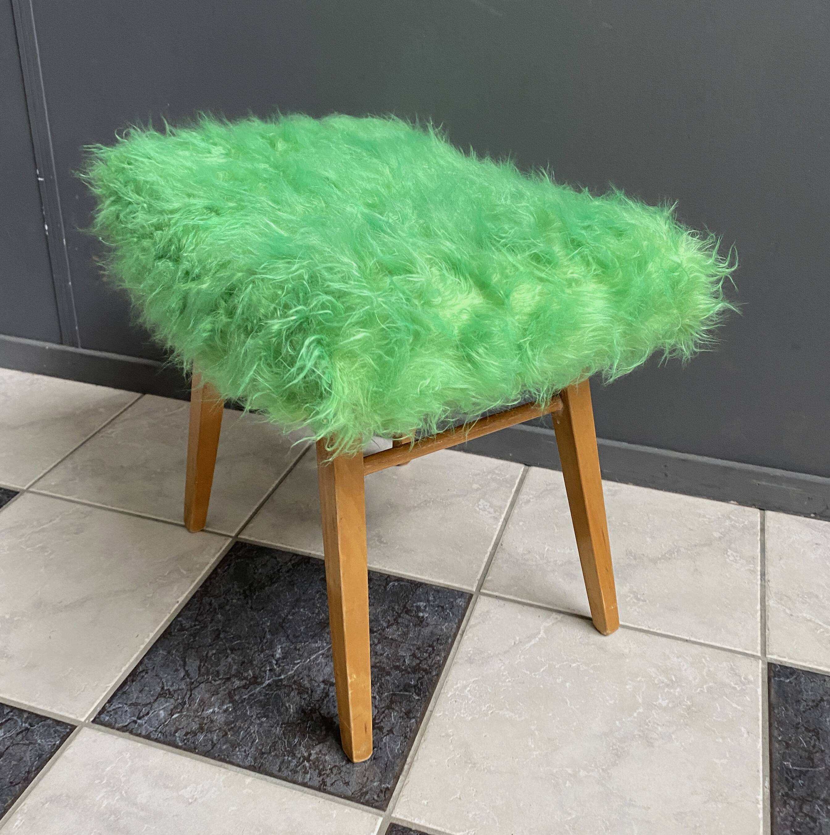Green fluffy foot stool 1960s