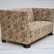1950s, Danish 2-seater sofa, beige/ brown furniture fabric, oak wood.