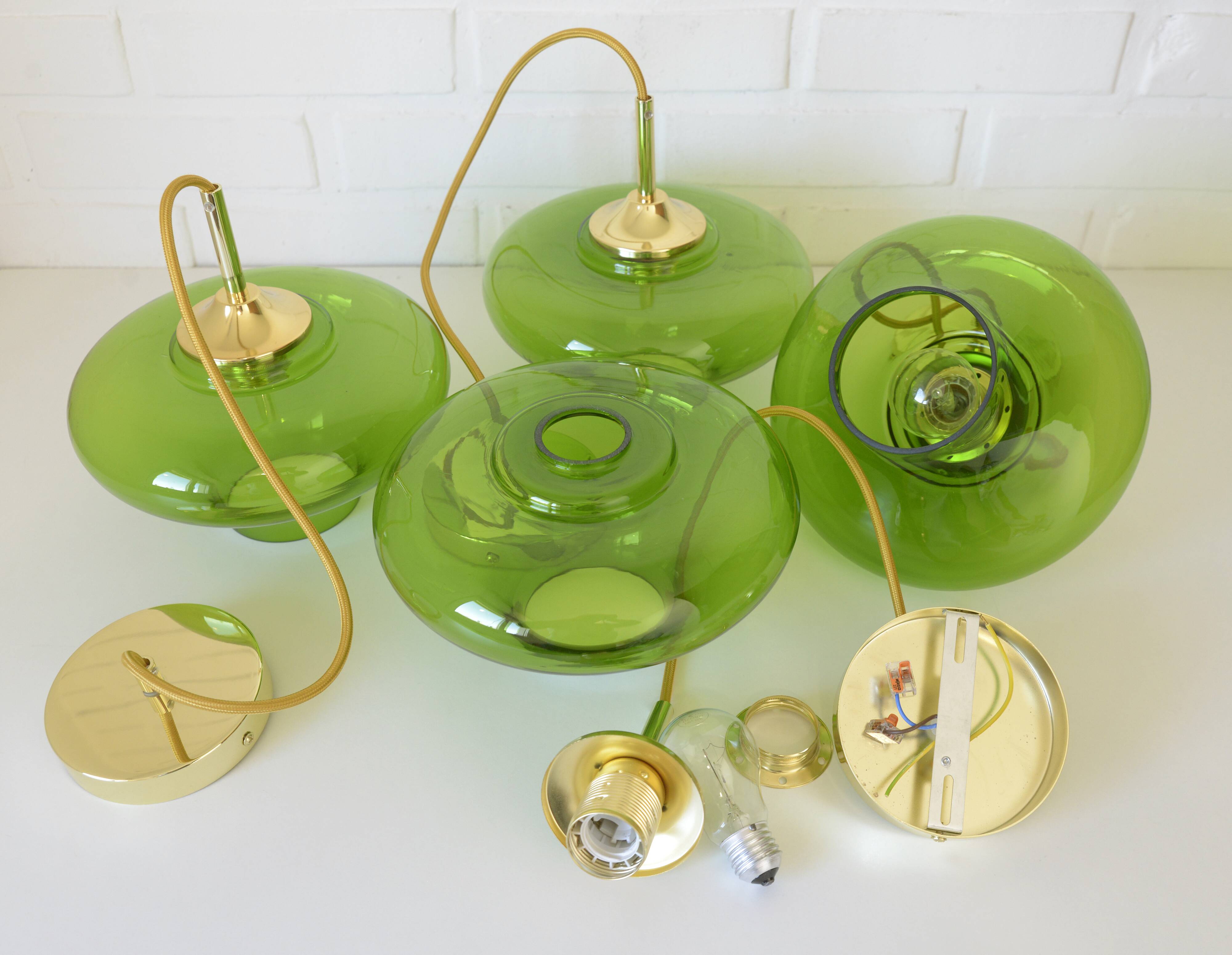 Vintage Pendant Light  Hand Blown Green Glass MCM Bar Hanging Cool Lamps