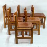 Set of 6 Maison Regain Chairs - Solid Elm and Fawn Leather - Circa 70