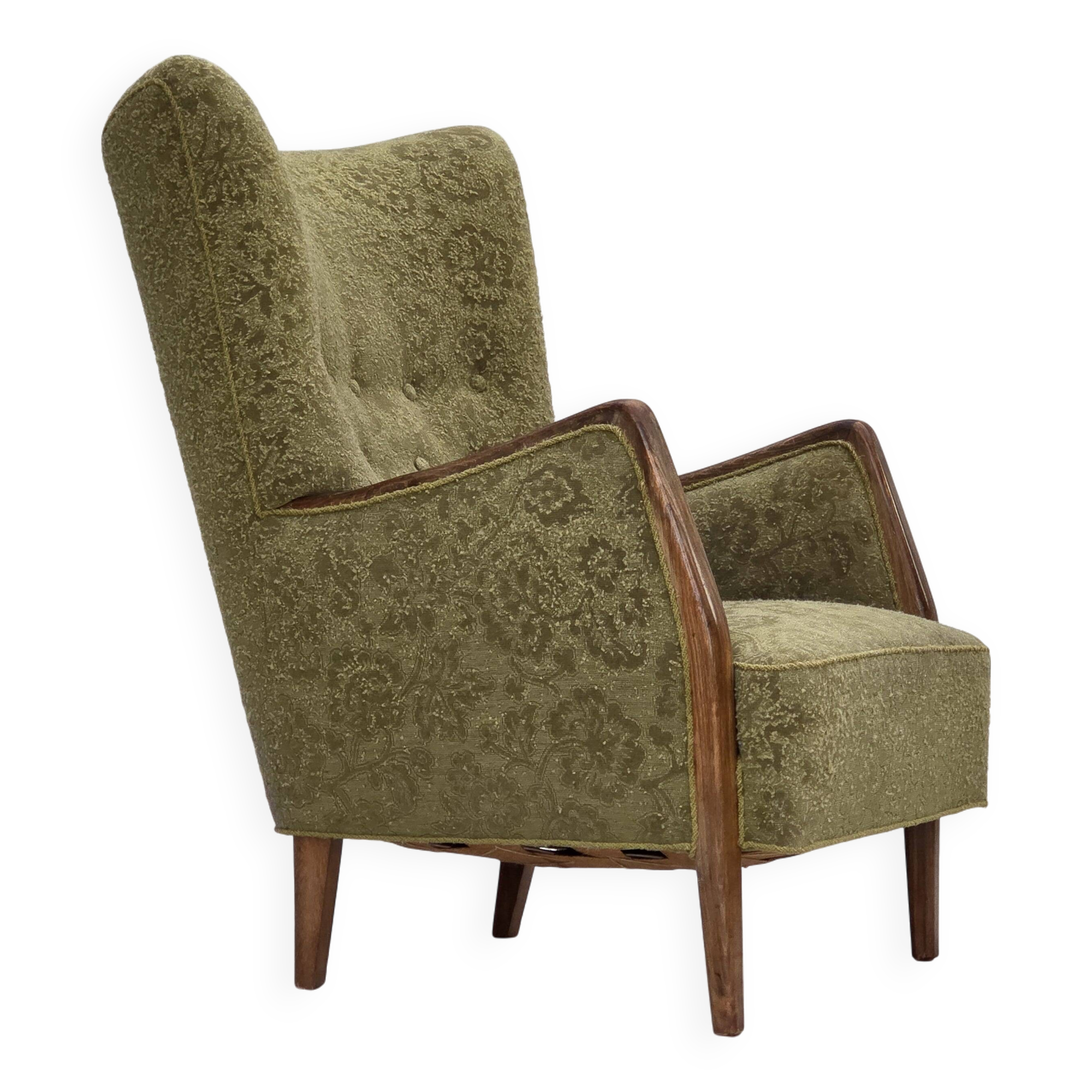 1960s, Danish armchair, original green furniture velour, ash wood