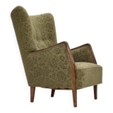 1960s, Danish armchair, original green furniture velour, ash wood