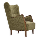 1960s, Danish armchair, original green furniture velour, ash wood