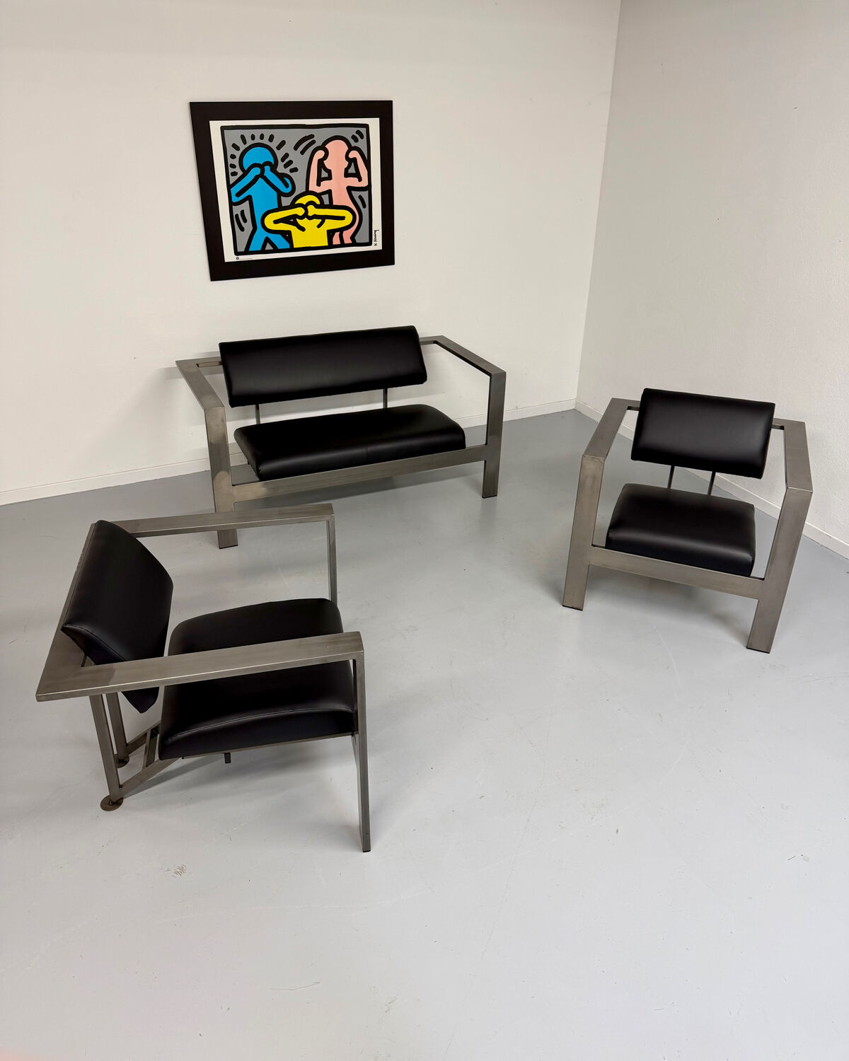 Salon brutaliste fauteuils simili métal design Karl Friedrich Forster