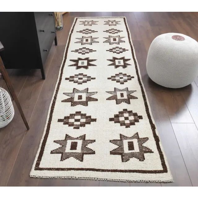 1970s Vintage Turkish Hand-Knotted Wool Cotton White Runner Rug 90X310