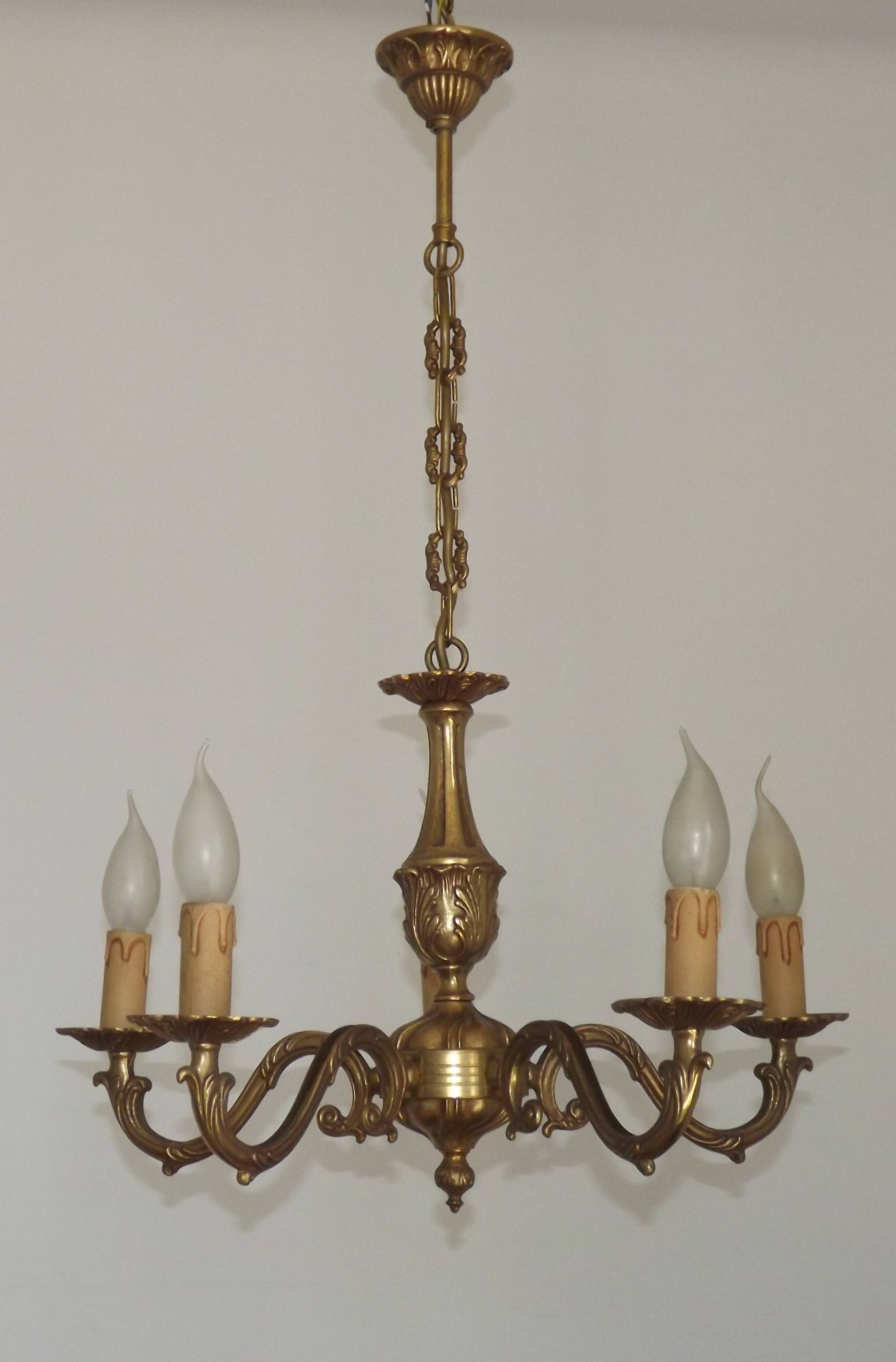 French Vintage Mid Century Bronze 5 Light Traditional Style Chandelier