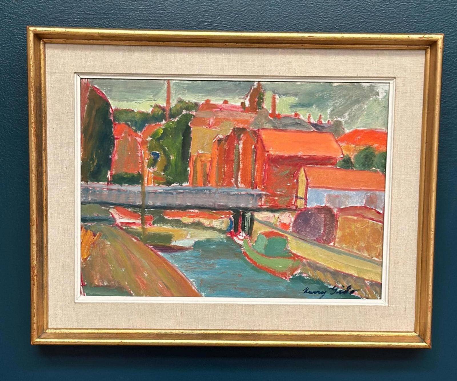 Huile sur toile originale suédoise – « Village » par Kerry Gado – Vintage et encadrée – 59 × 46 cm (23,2" × 18,1")