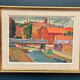 Huile sur toile originale suédoise – « Village » par Kerry Gado – Vintage et encadrée – 59 × 46 cm (23,2" × 18,1")