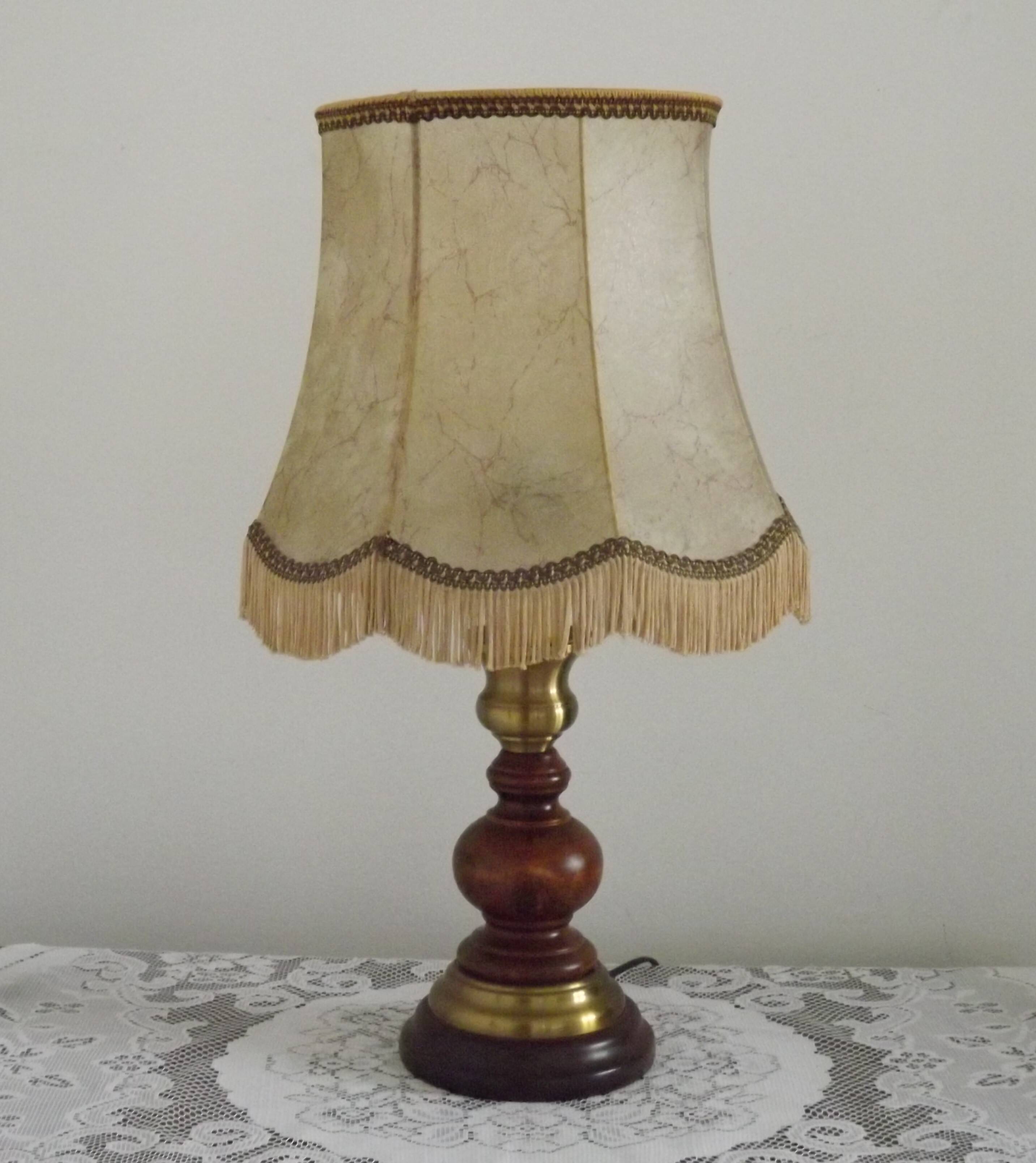 French Mid-Century Brass and Turned Wood Table Lamp with Hide Skin Shade