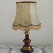 French Mid-Century Brass and Turned Wood Table Lamp with Hide Skin Shade