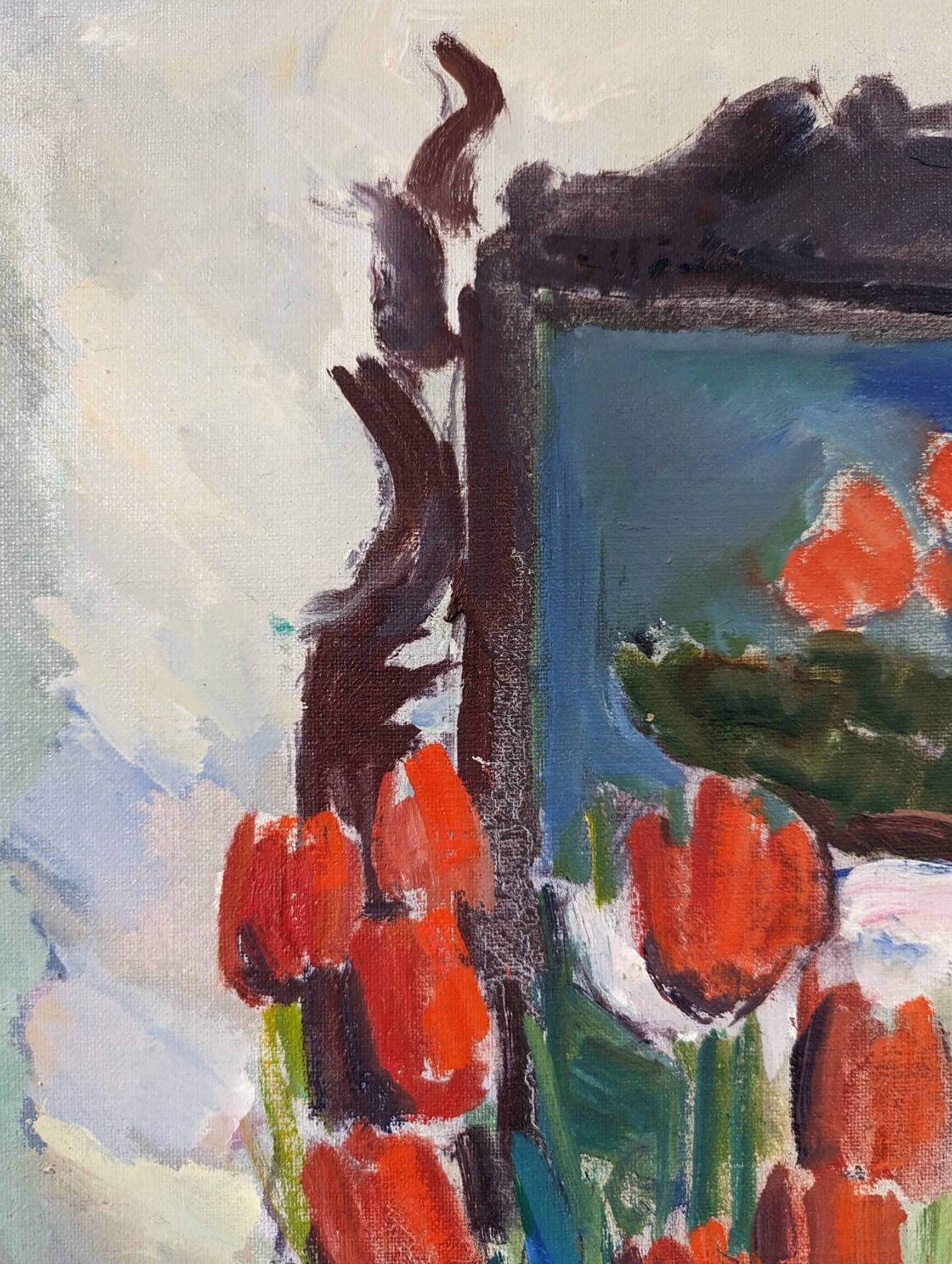 Mid-Century Modern "Window Red Tulips", Swedish Interior Still Life Oil Painting, Framed