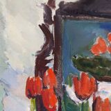 Mid-Century Modern "Window Red Tulips", Swedish Interior Still Life Oil Painting, Framed