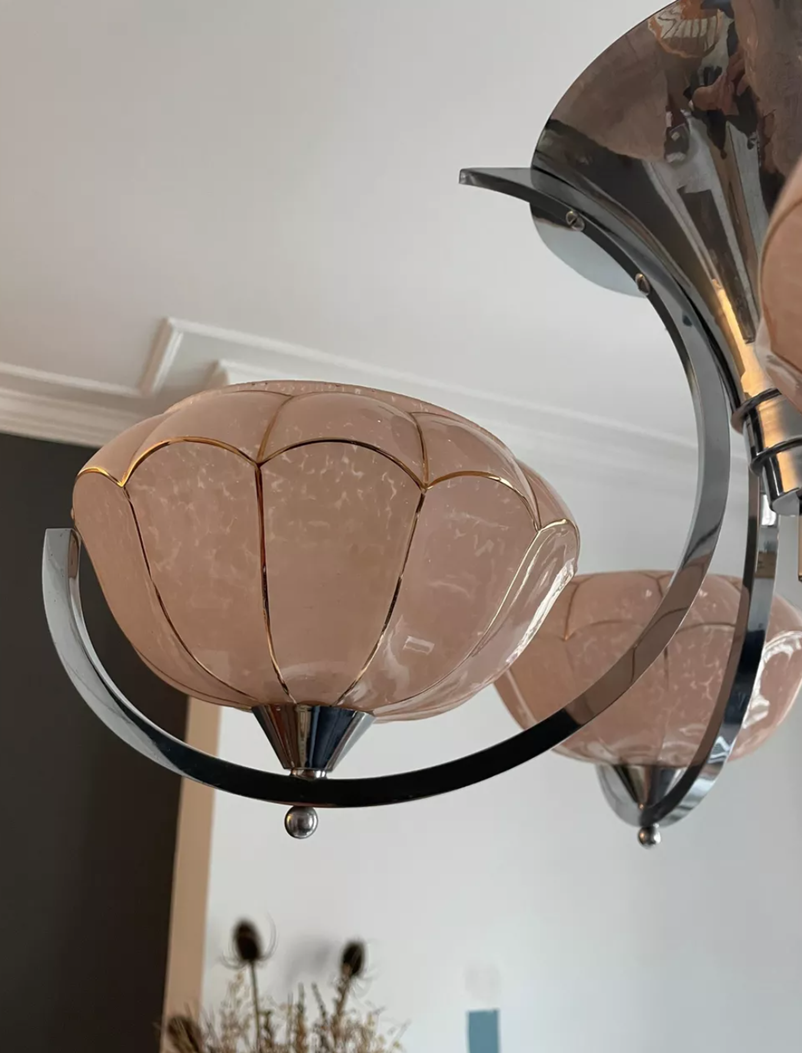 Vintage art deco chandelier, chrome and pink glass, vintage 1930