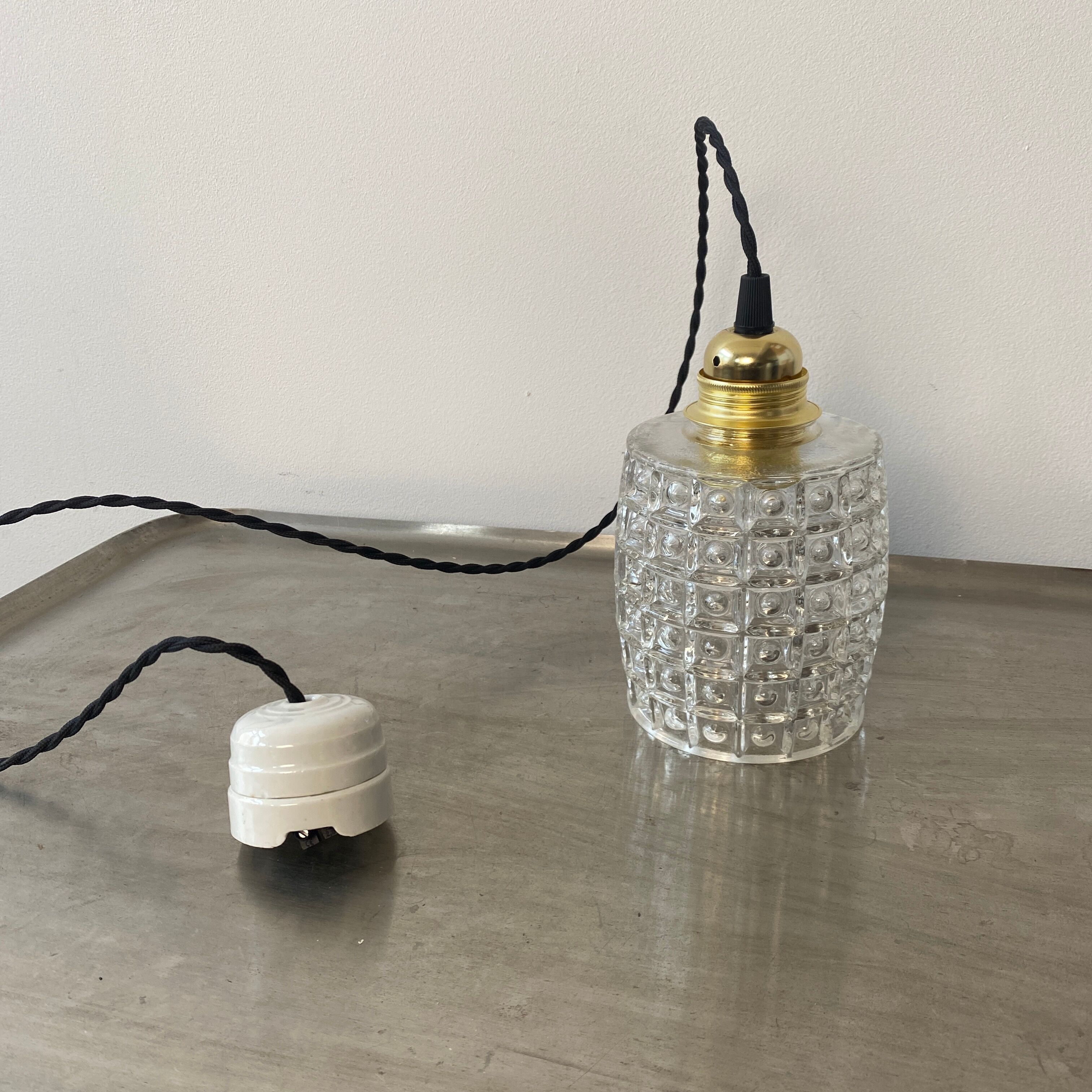 Pair of vintage molded glass pendant lamps
