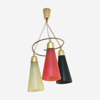 Lustre trois feux en laiton & verre de Murano. Italie, années 50