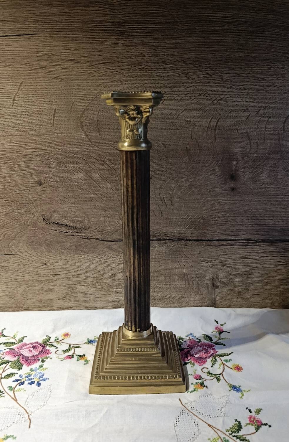 Golden brass candlestick, Corinthian style, vintage
