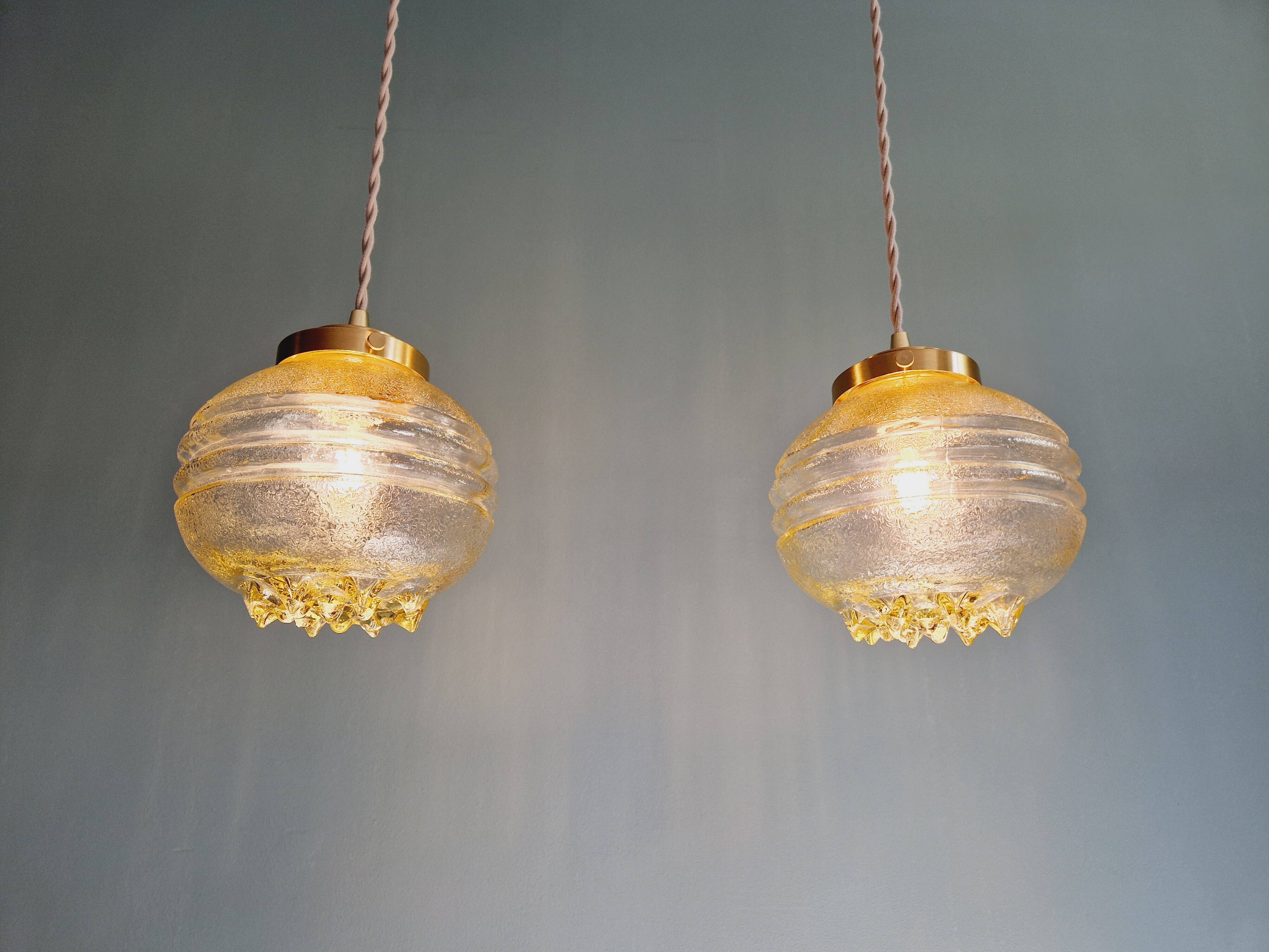 Pair of Space Age Pendant Lights in Yellow Clear Glass, 1960s-70s