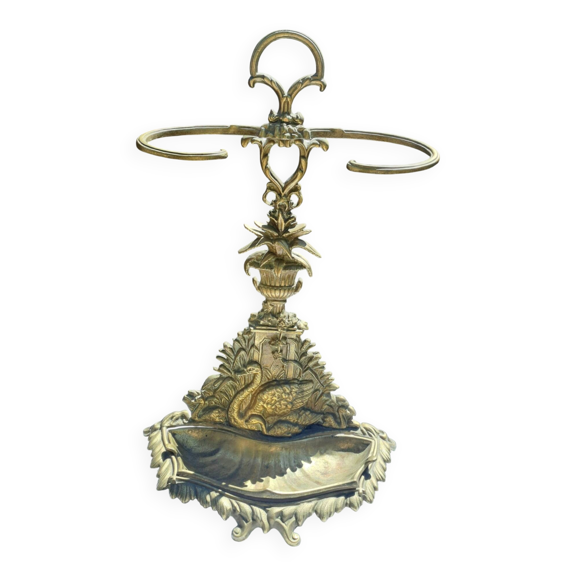Bronze and brass umbrella stand decorated with a swan.
