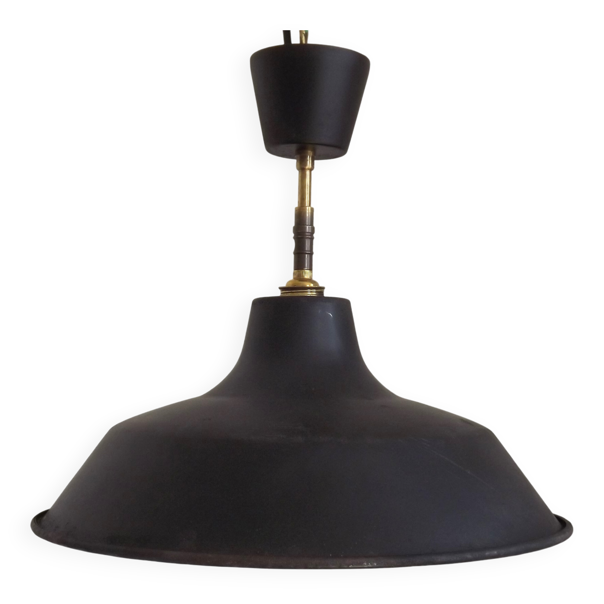 French Vintage 1950s Industrial Light In Black Metal White Enamal & Brass