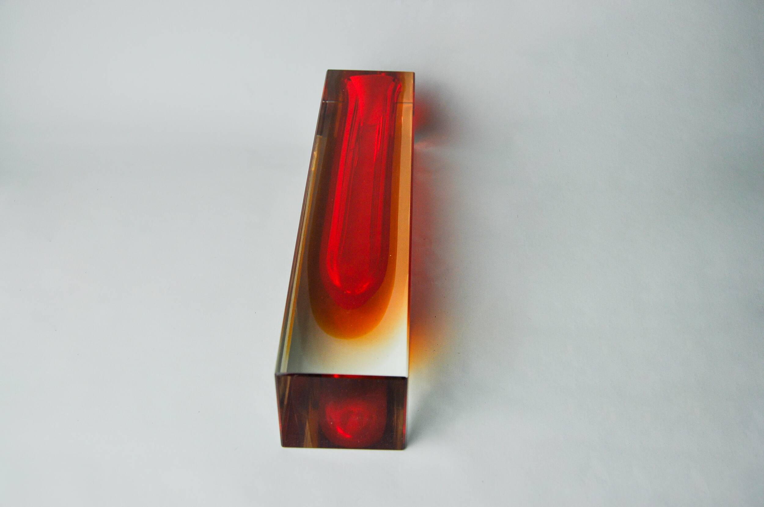 Red and yellow cubic Sommerso vase by Flavio Poli for Seguso, Murano, Italy, 1970