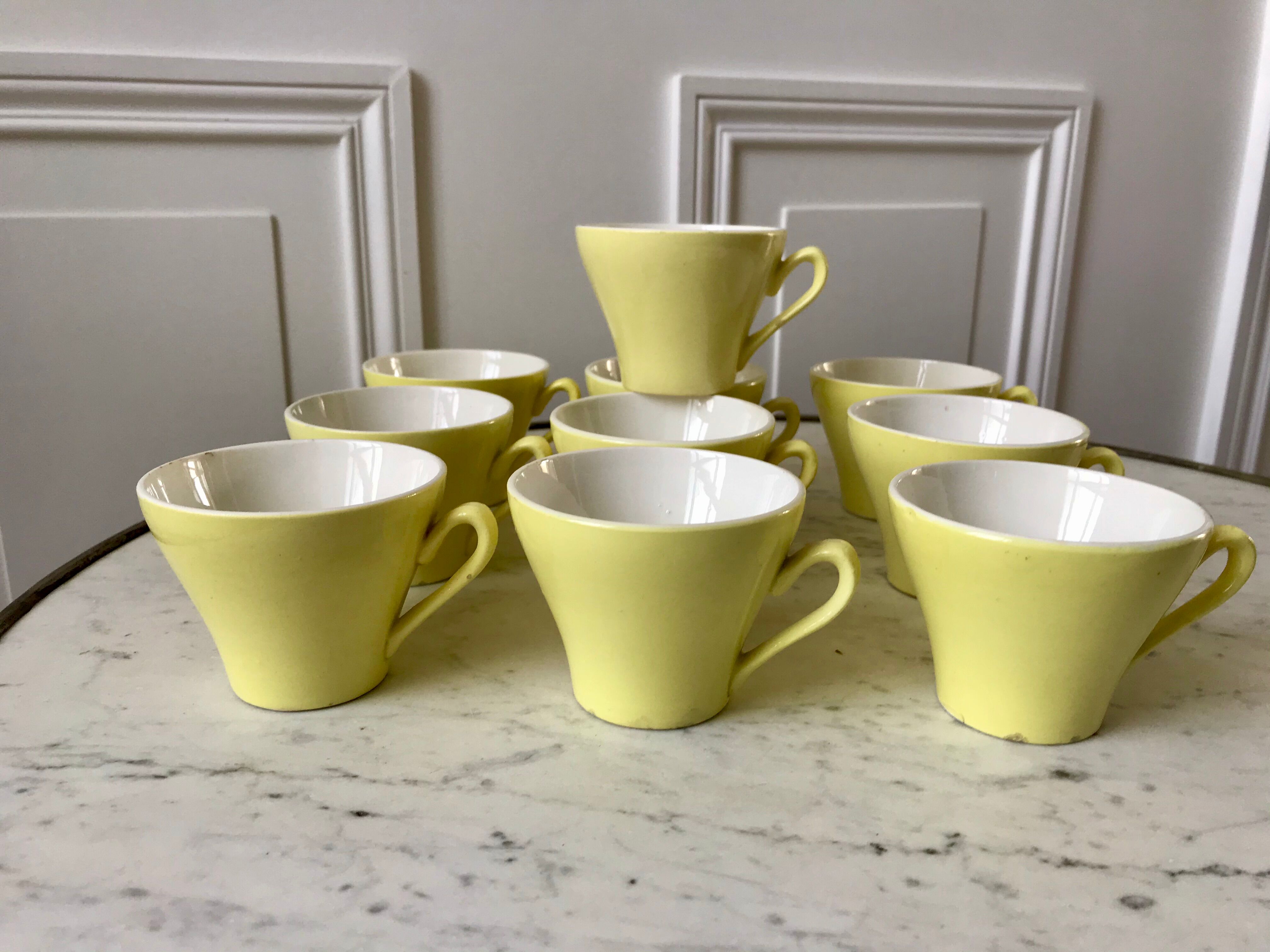 set of 10 coffee cups Digoin Sarreguemines pastel yellow color 50s