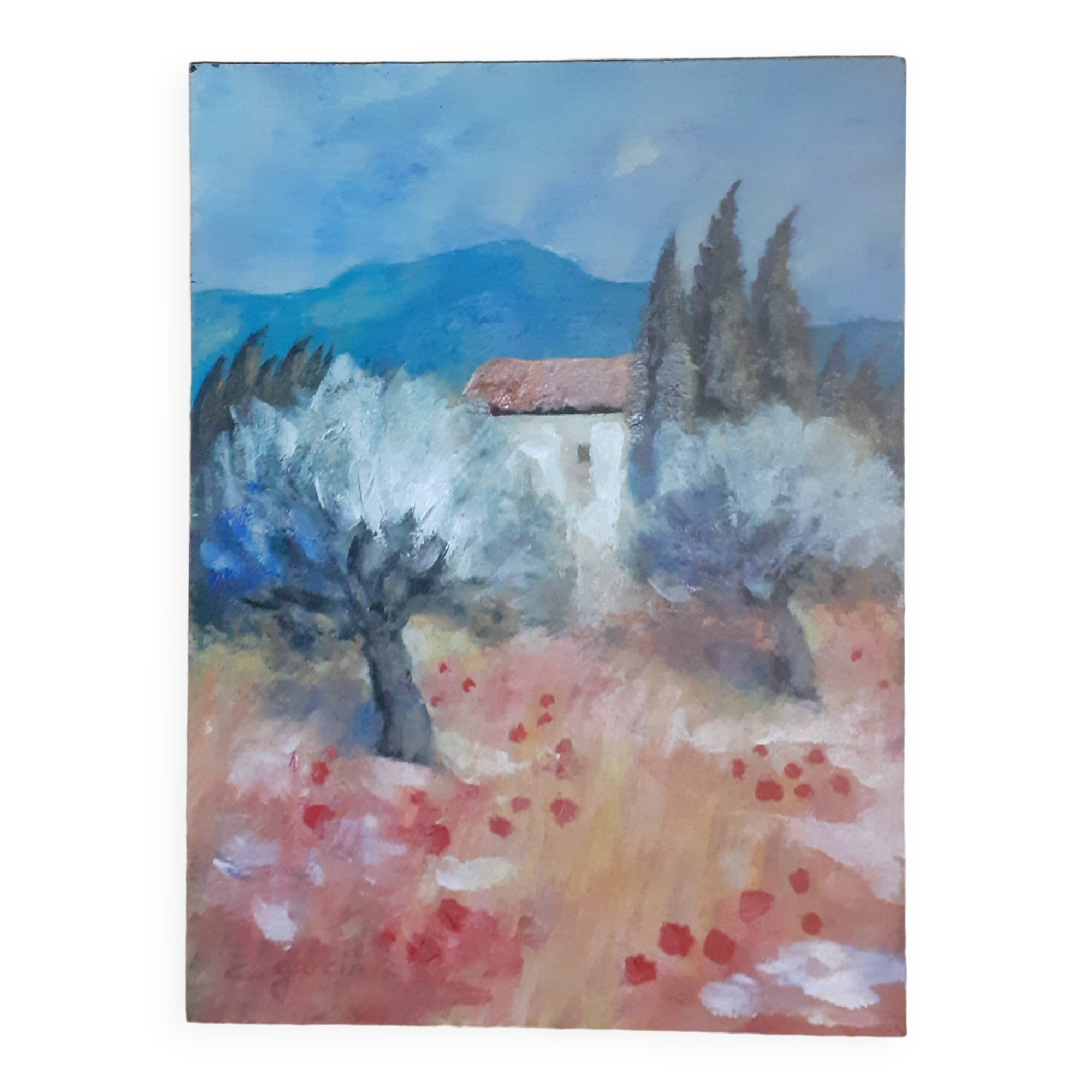Olive trees in the farmhouse, acrylic on wood 22 x 29.7 cm