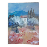 Olive trees in the farmhouse, acrylic on wood 22 x 29.7 cm
