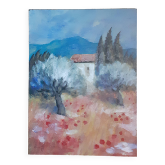 Olive trees in the farmhouse, acrylic on wood 22 x 29.7 cm