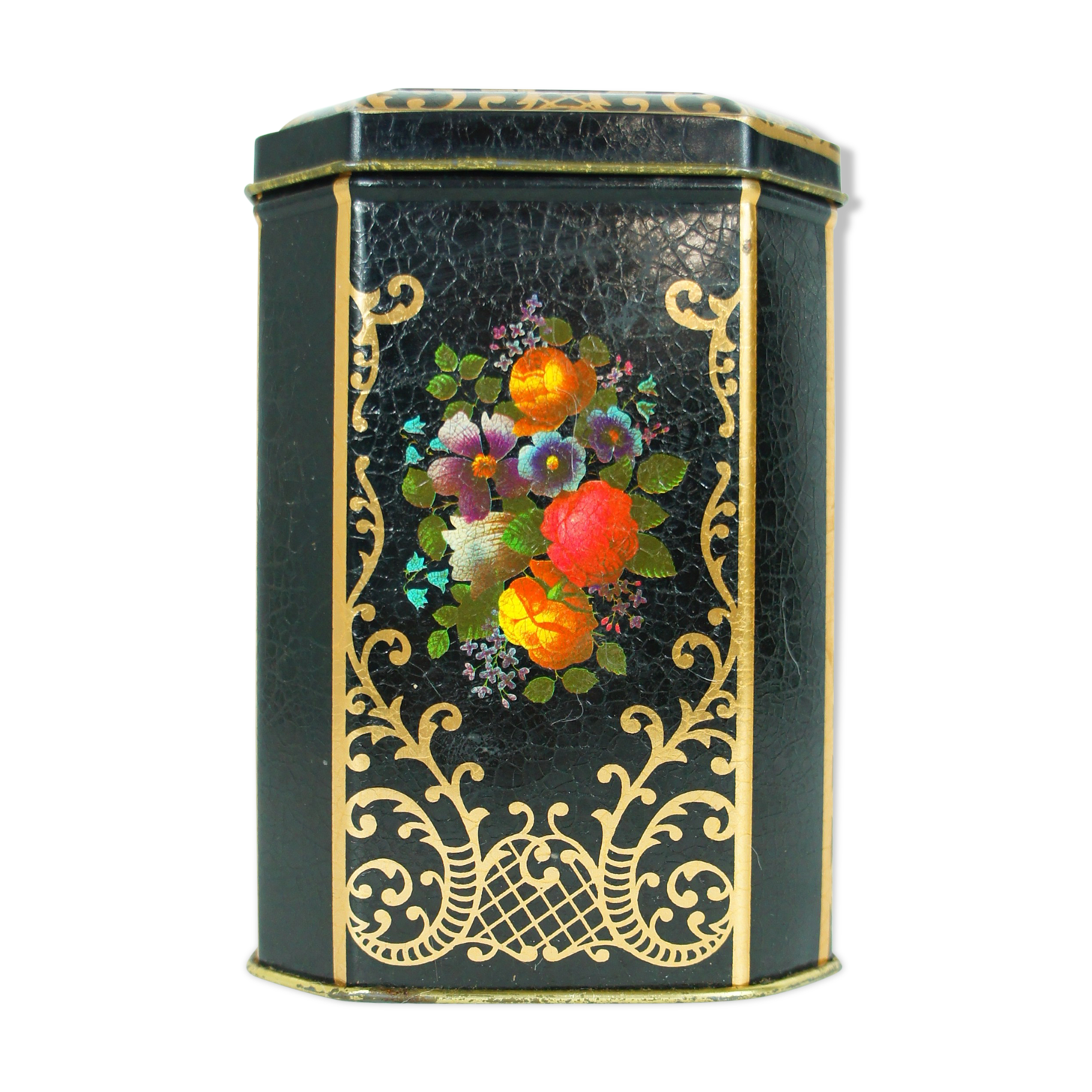 English octagonal box in screen-printed metal