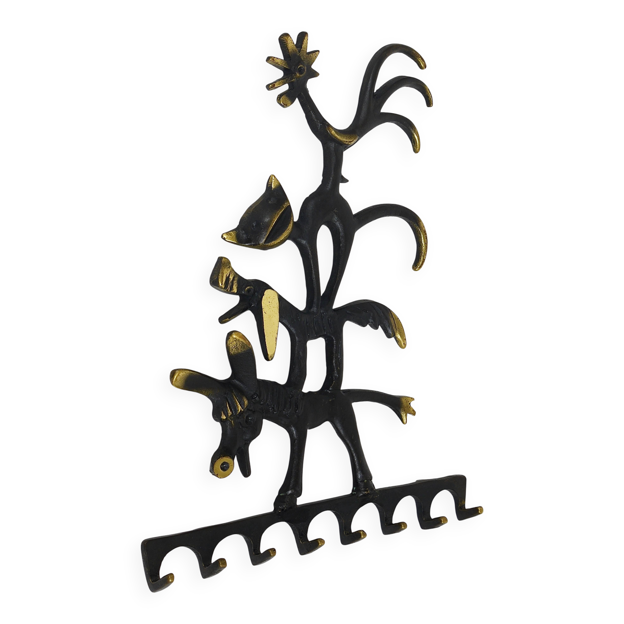 Walter Bosse brass keychains of a donkey, dog, cat, and rooster, Herta Baller, Austria