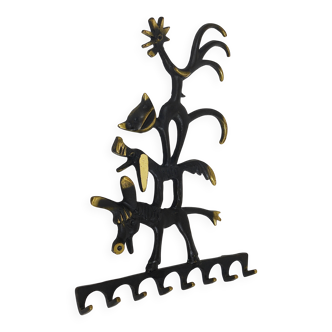 Walter Bosse brass keychains of a donkey, dog, cat, and rooster, Herta Baller, Austria