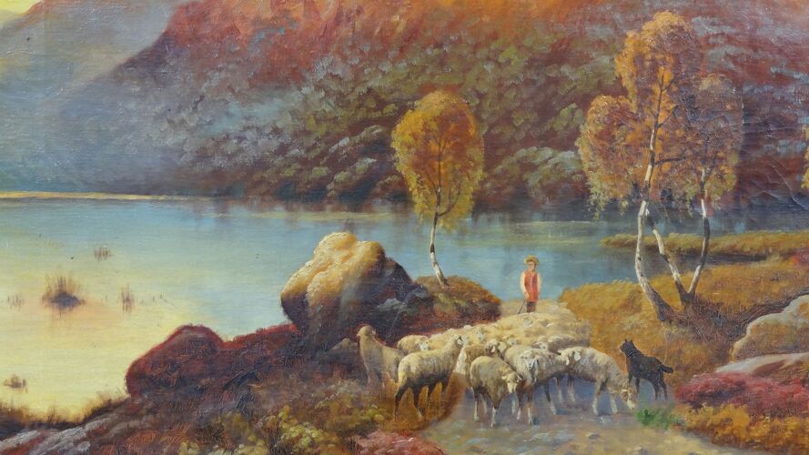Huile sur toile Paysage animé bord de lac au crépuscule 120 x 60 cm signé Rogiez