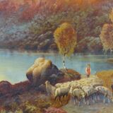 Oil on canvas Animated landscape by the lake at dusk 120 x 60 cm signed Rogiez