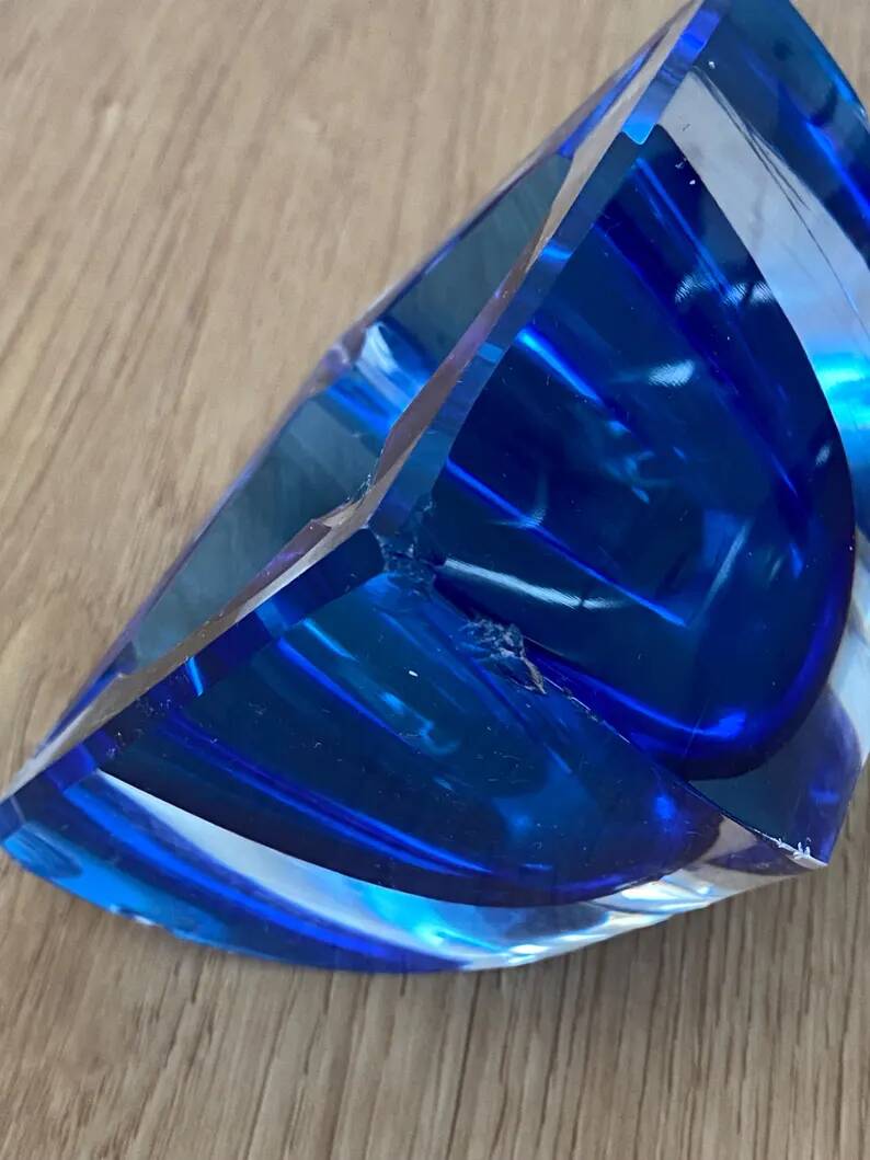 Vintage Sommerso glass ashtray in Murano style, square blue shape.