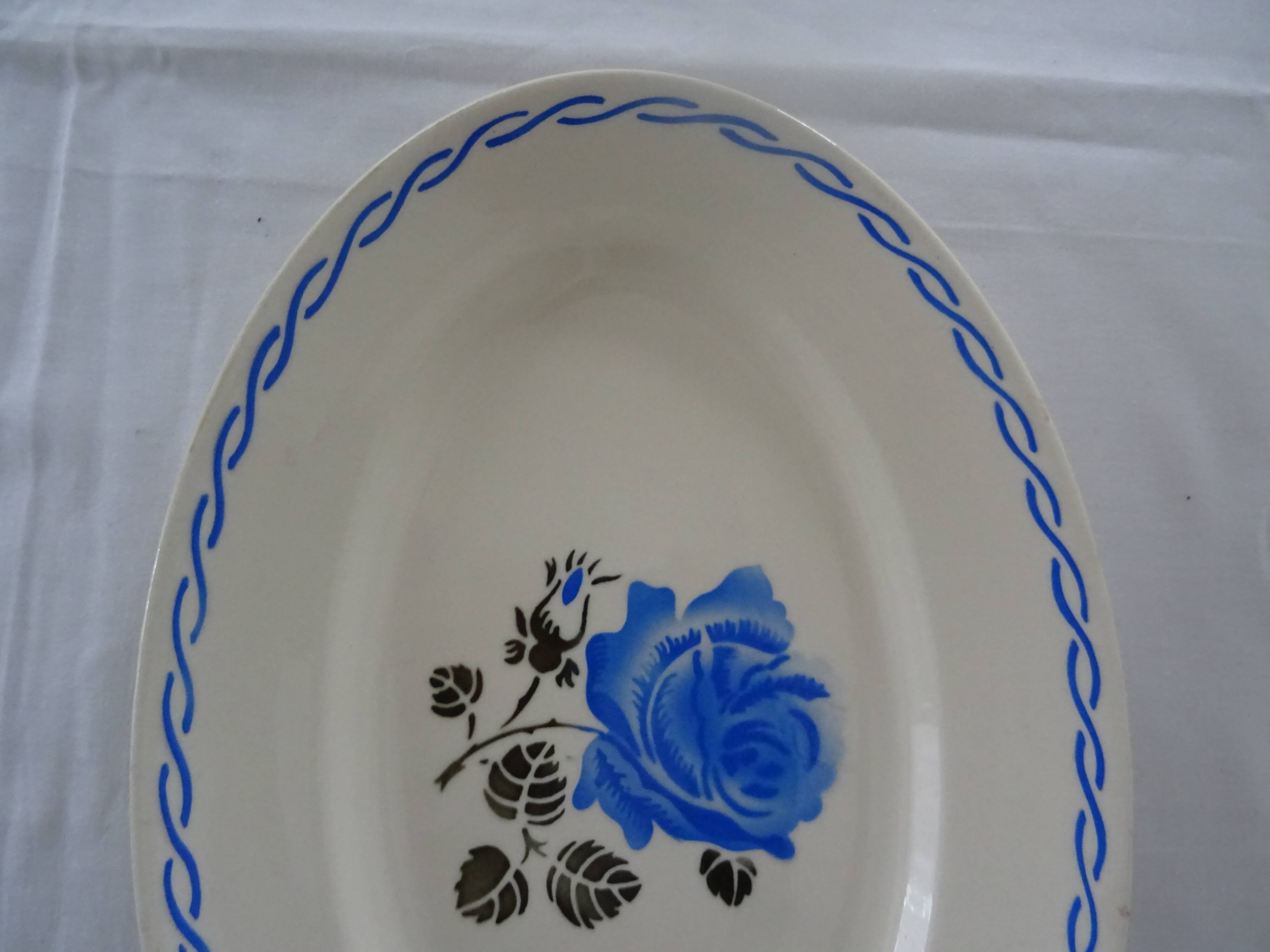 Oval flat earthenware blue flowers 519112 Badonviller