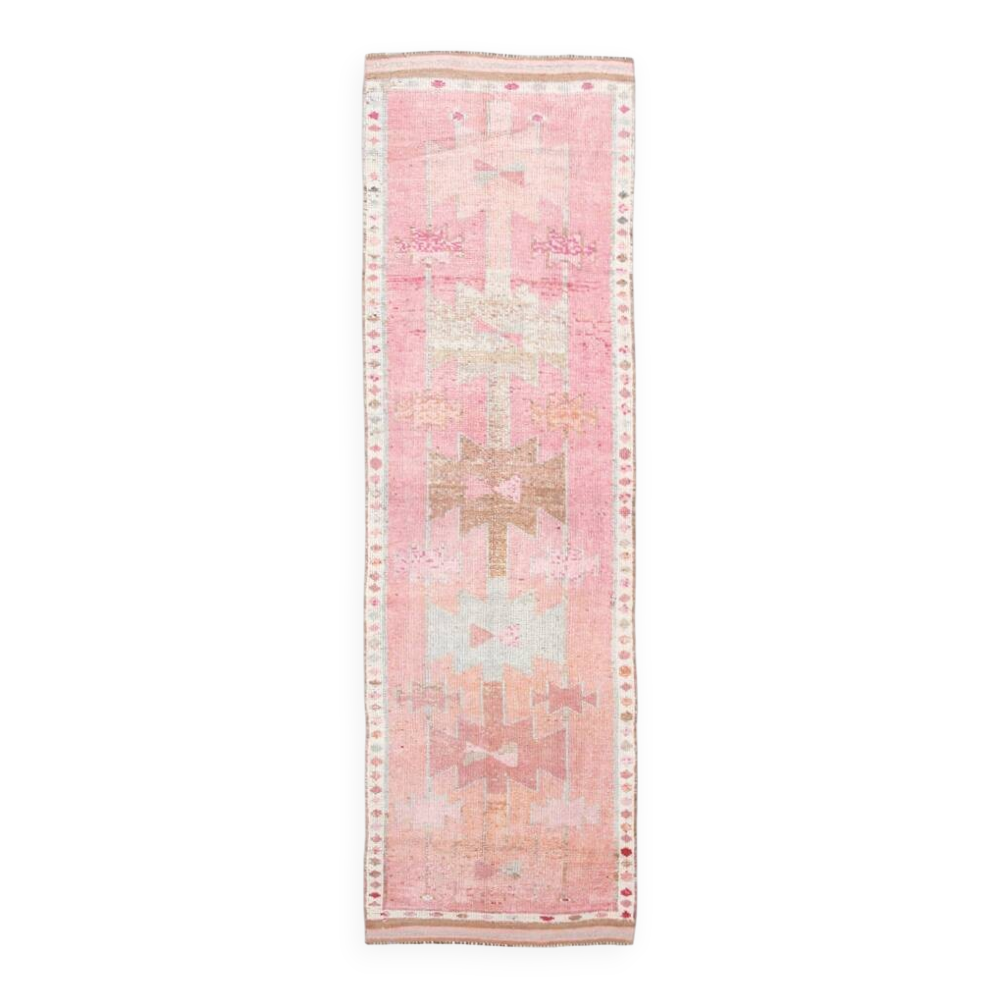 Light Pink & Brown Turkish Vintage Runner Rug, 94x328Cm