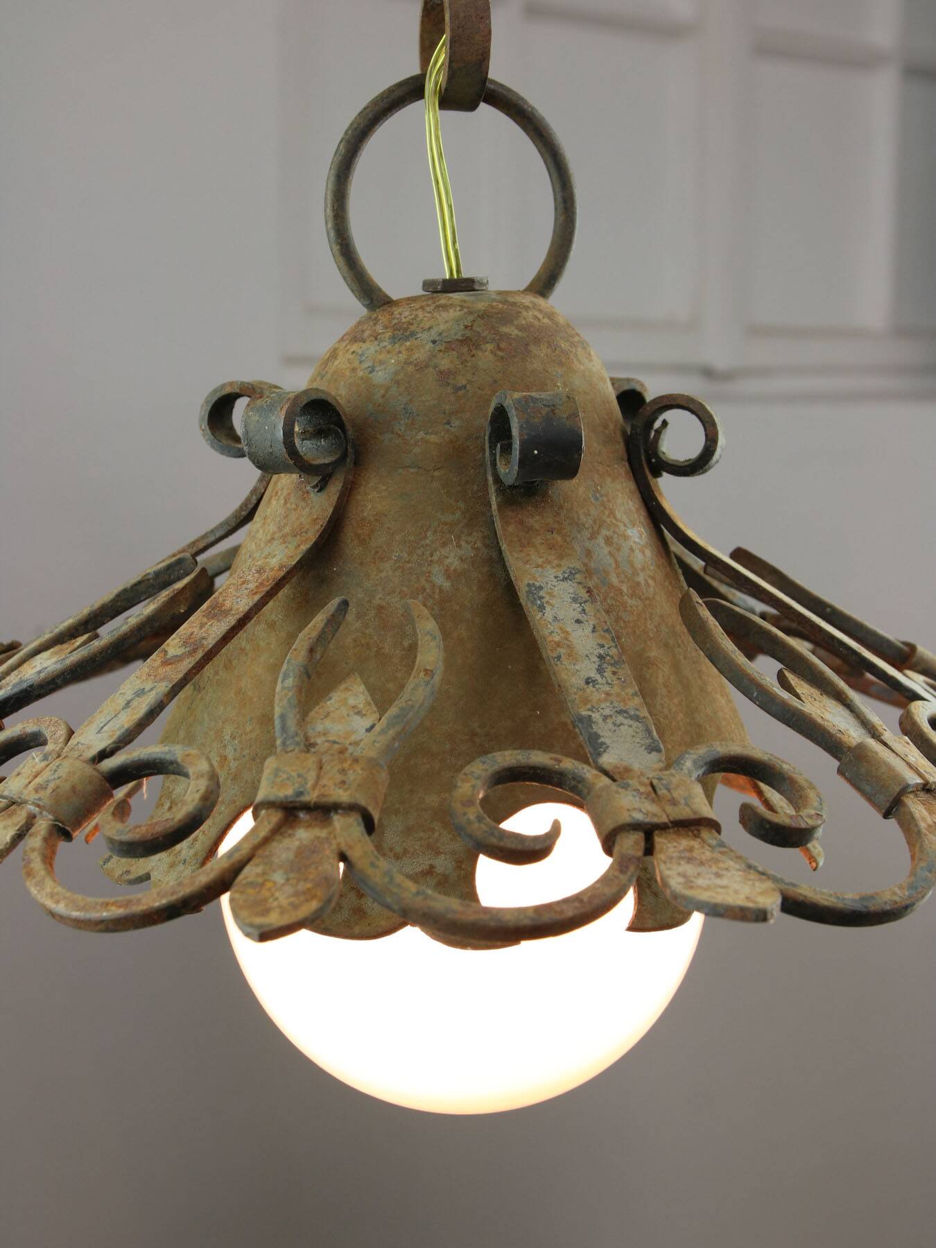 Vintage Wrought Iron Intricate Pendant Lamp, 1930s