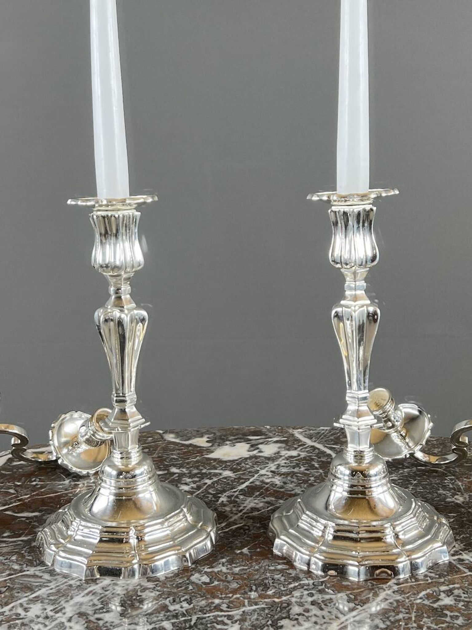 Pair of silver-plated candelabra, Louis XV style, 20th century